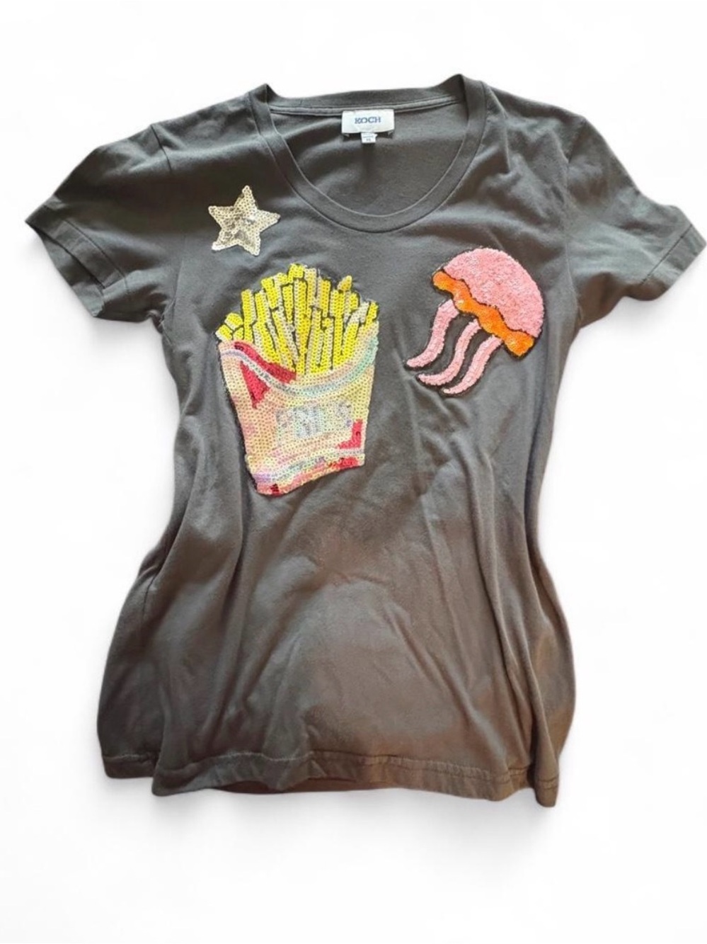 KOCH Gray Tee with Sequin Fries & Pink Jellyfish